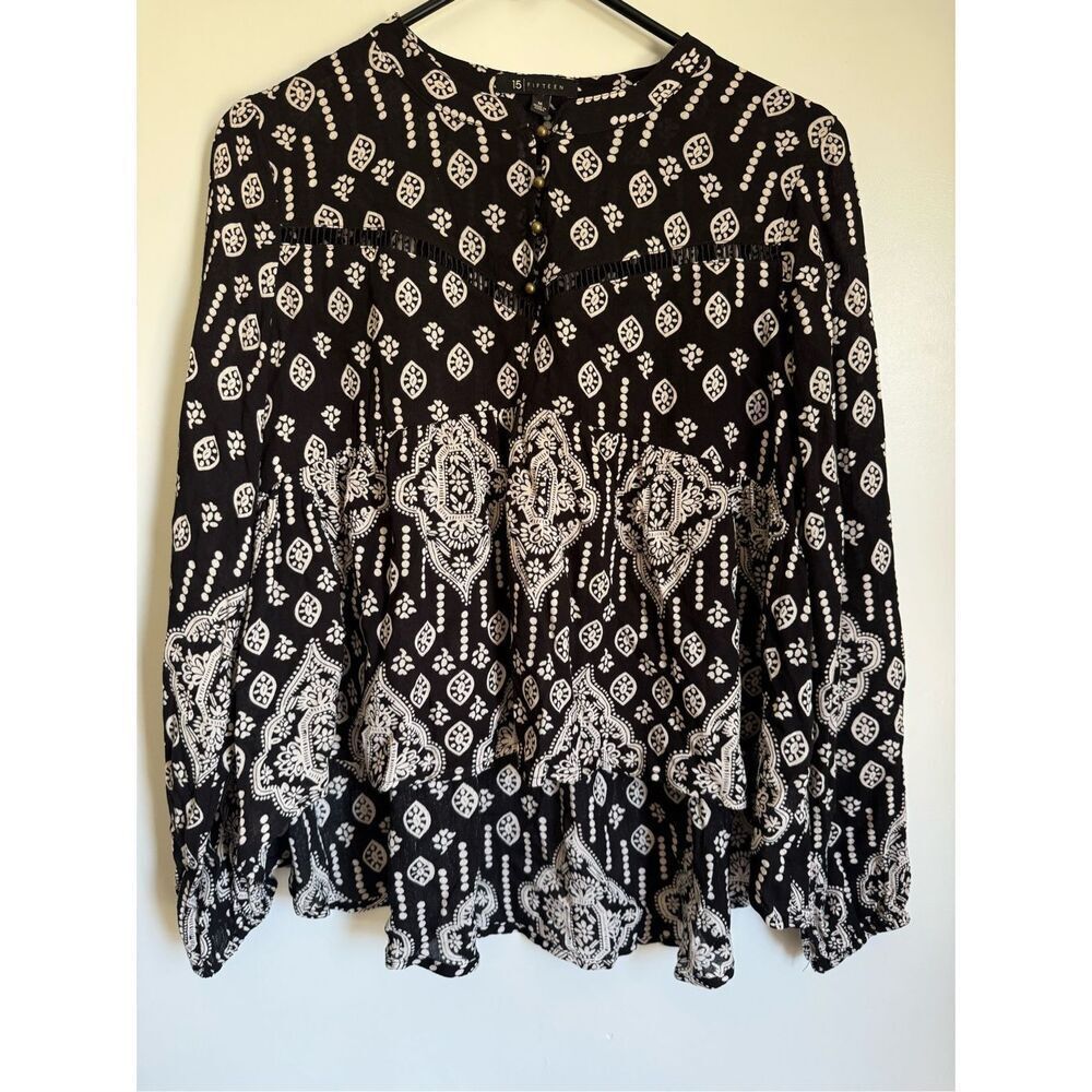 15Fifteen boho black floral paisley womens sz M beachy festival breathable